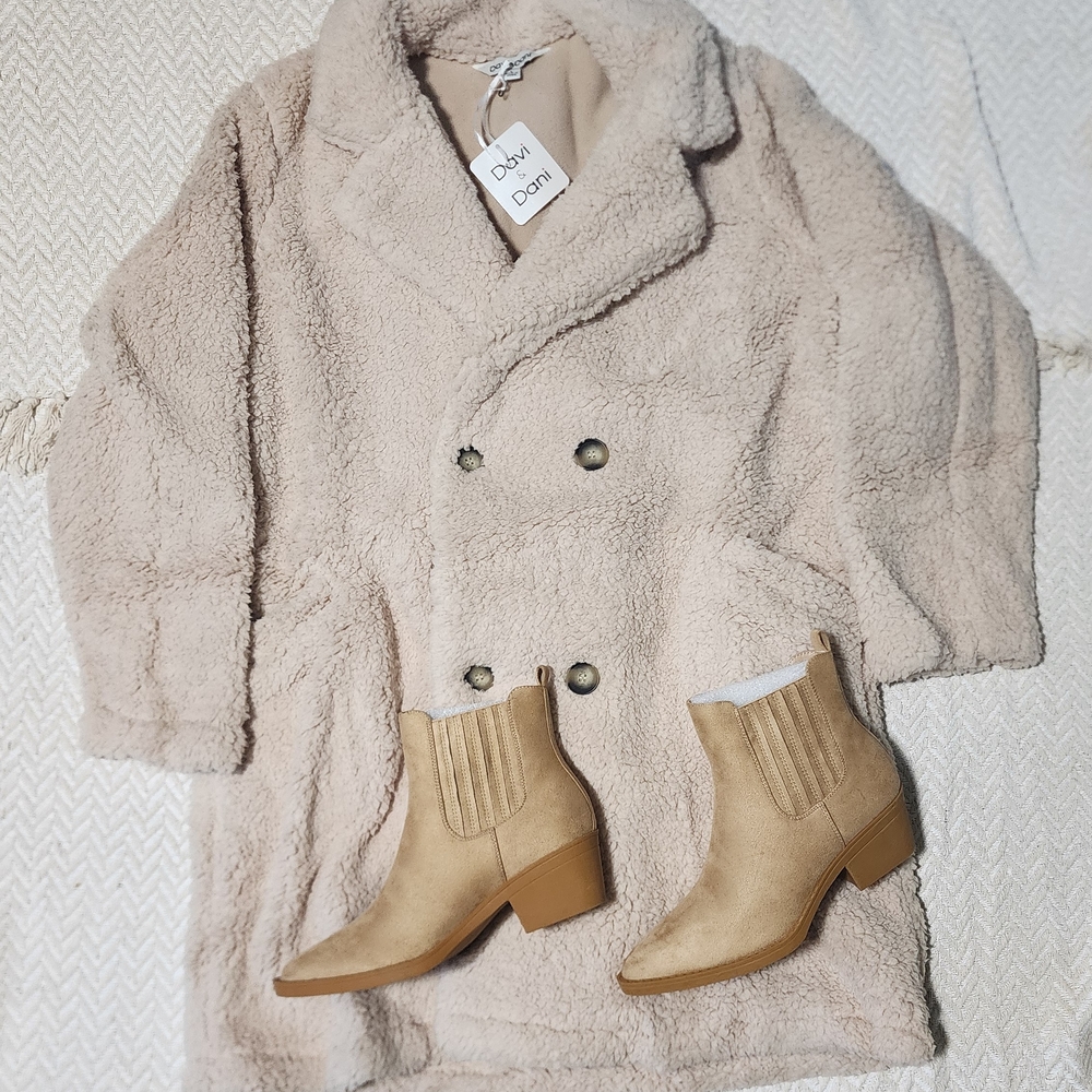 DAVI & DANI Cream Teddy Boho Western Pea Coat Shacket Jacket